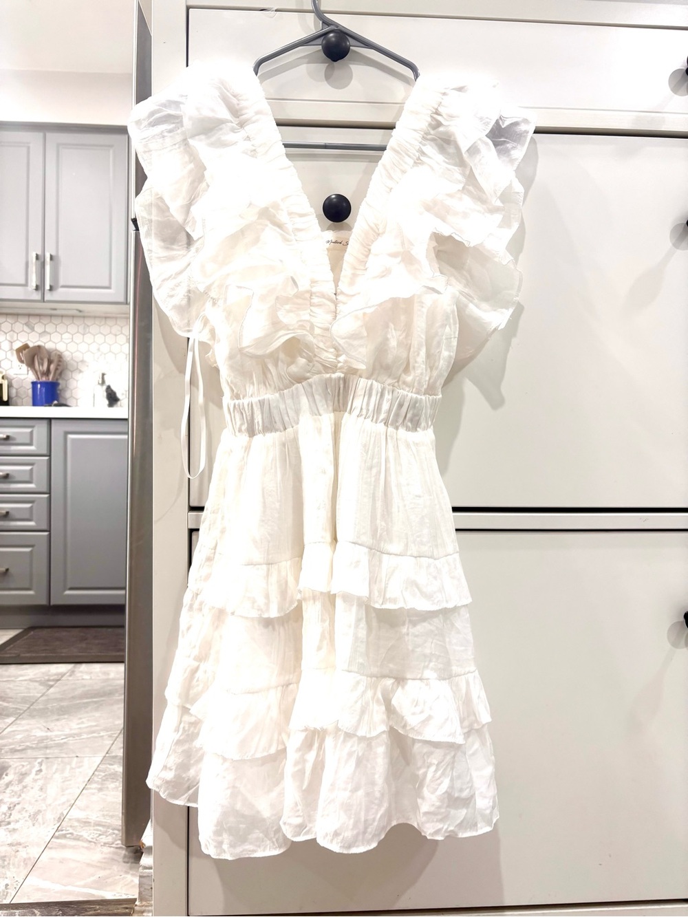 Honey mustard seed White Ruffled V-Neck Women’s Dress